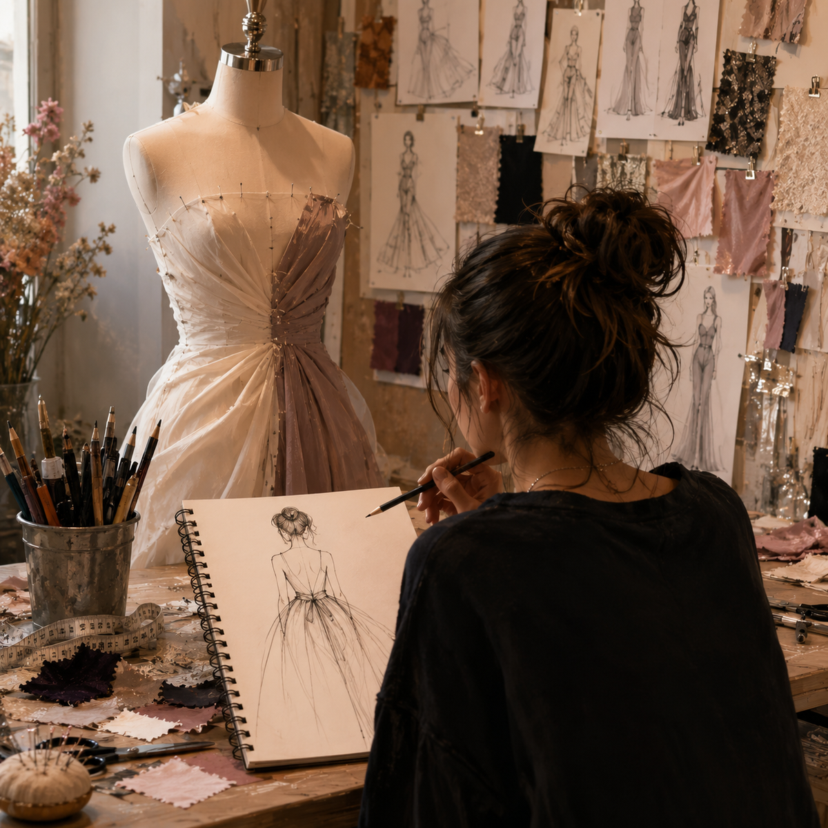 A student from Fashion Design Portfolio Class for High Scholers is working on her fashion portfolio for college