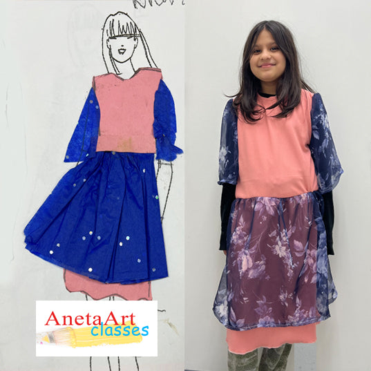 Girl from advanced sewing class for kids is showing her beginning sketch and her finished garment