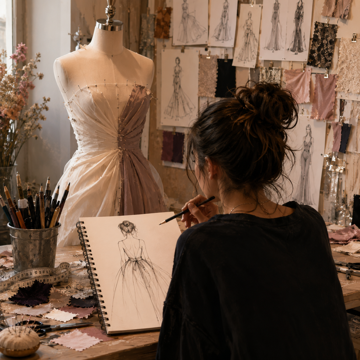 A student from Fashion Design Portfolio Class for High Scholers is working on her fashion portfolio for college