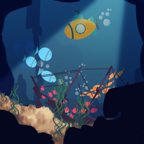 Kids digital art project featuring an underwater scene and submarine created in our Digital Art & Animation program.