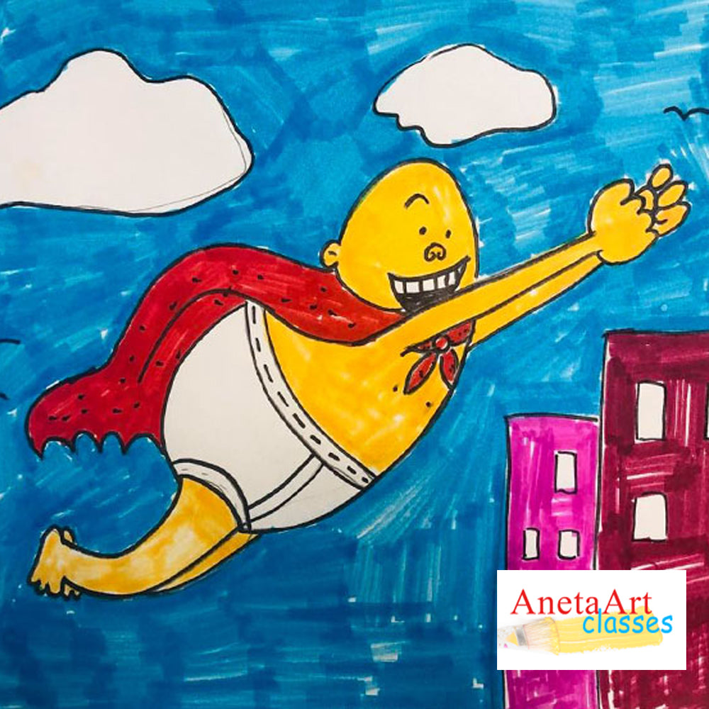 Captain underpants' drawn in our comic drawing class for kids 8-12 Comic Sketch Art. We are very Closed for students from Hoffman Estates